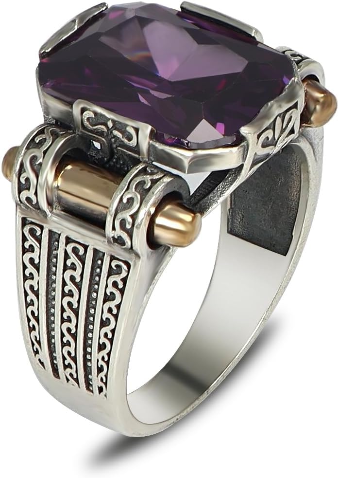 Handmade Men's Vintage Style 925 Sterling Silver Ring with Gemstones
