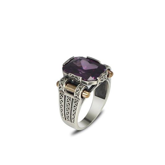 Handmade Men's Vintage Style 925 Sterling Silver Ring with Amethyst