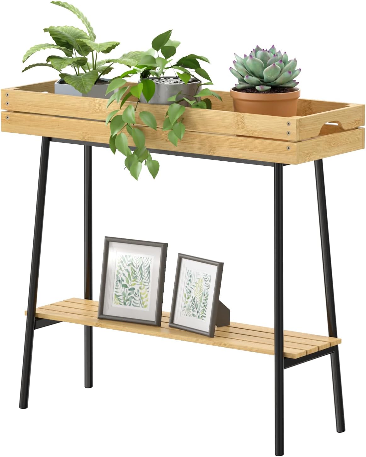Bamboo Plant Stand Indoor, 2 Tier Wood Small Plant Table