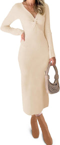 RAISECOM Womens Ribbed Knit Maxi Dress V Neck Bodycon Midi - Cozy