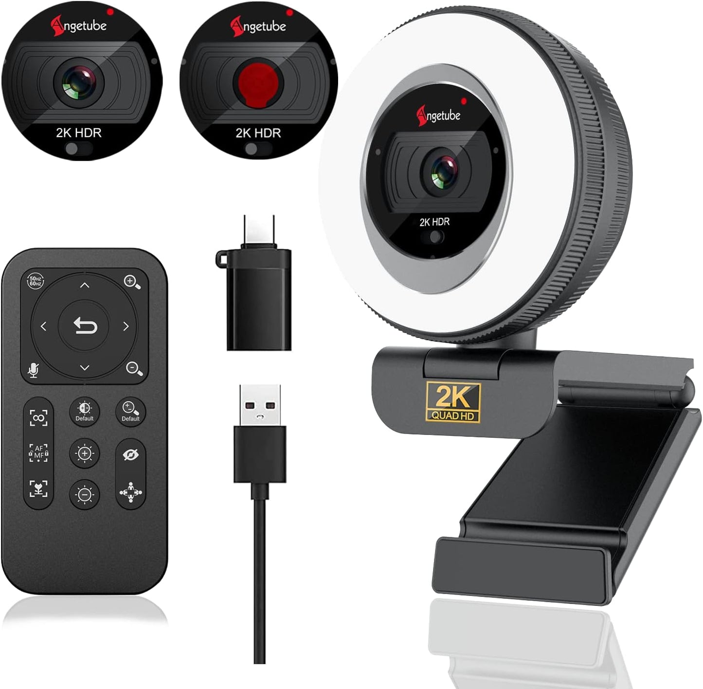 2K Streaming Webcam with Ring Light and Remote Control Features