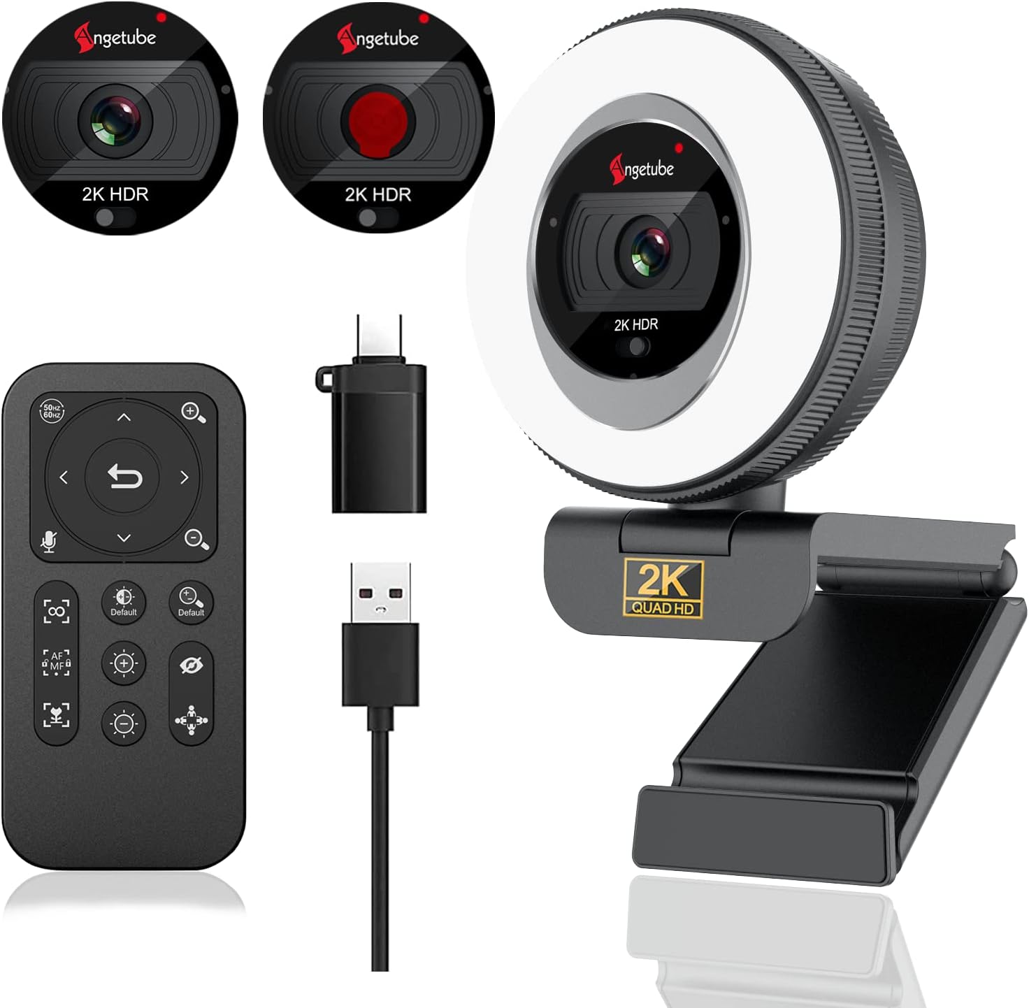 2K Streaming Webcam with Ring Light and Remote Control Features