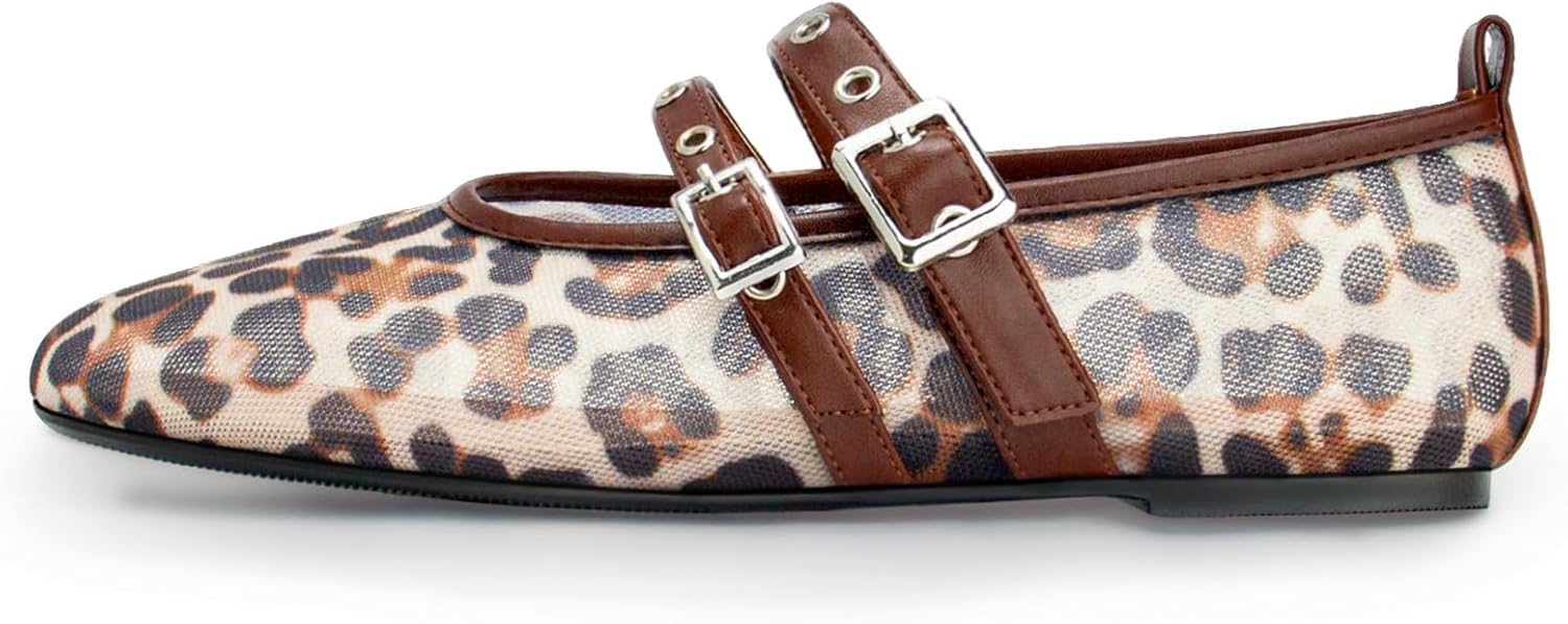 Leopard Mesh Ballet Flats for Women - Chic Mary Jane Style