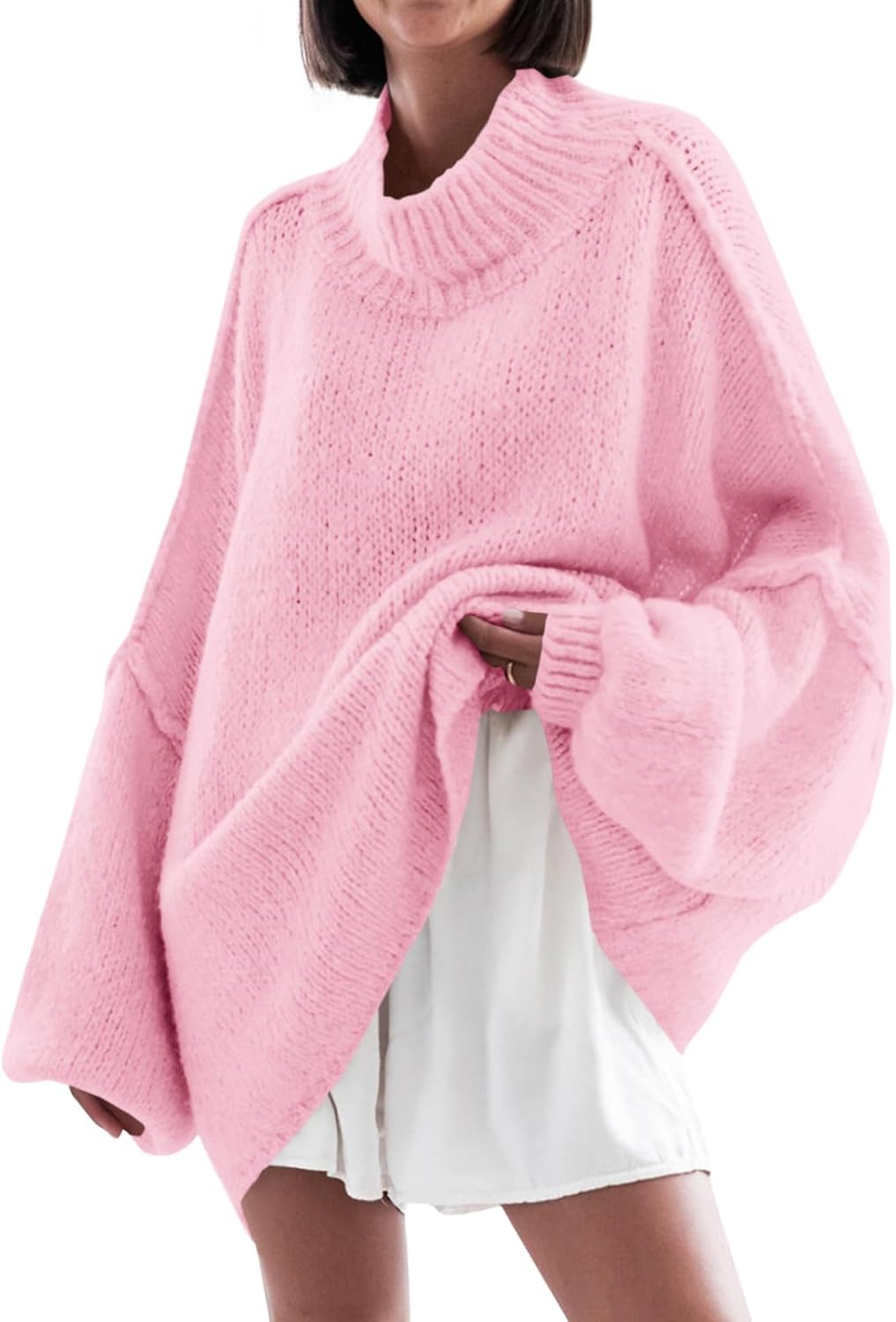 Oversized Mock Neck Batwing Sweater for Women - Trendy Style