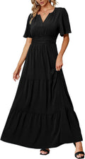 Women's Boho Maxi Dress V-Neck Short Sleeve - Flowy Summer Maxi