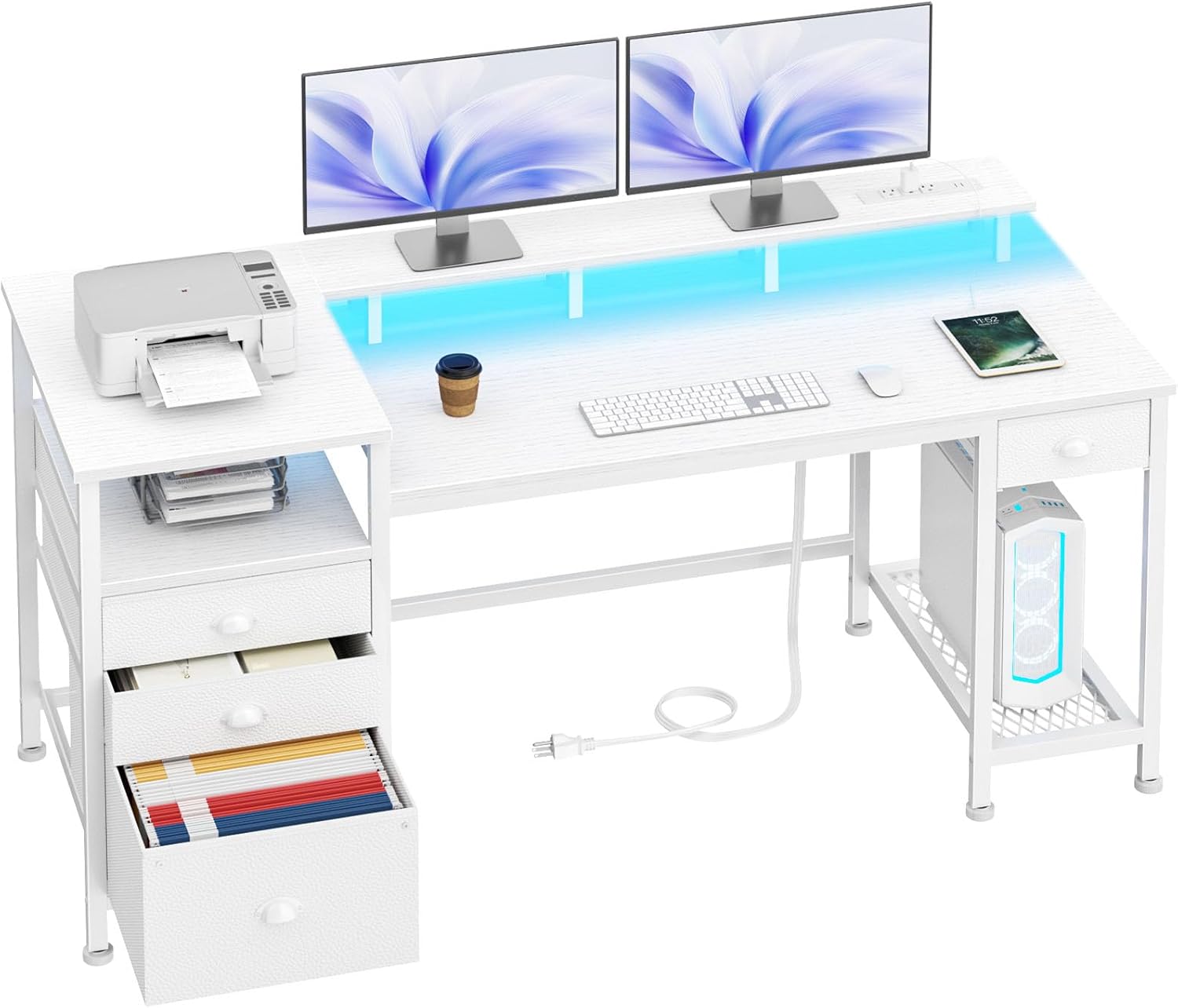 Furologee 60in White Office Computer Desk with LED Lights