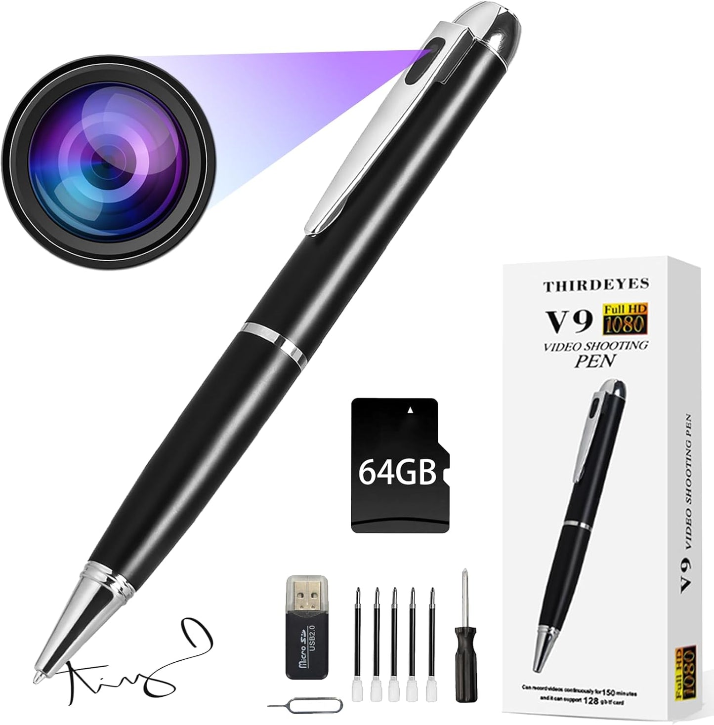 Portable 64GB Spy Pen Camera - 1080P, Loop Recording, Rechargeable - HIGSEEU
