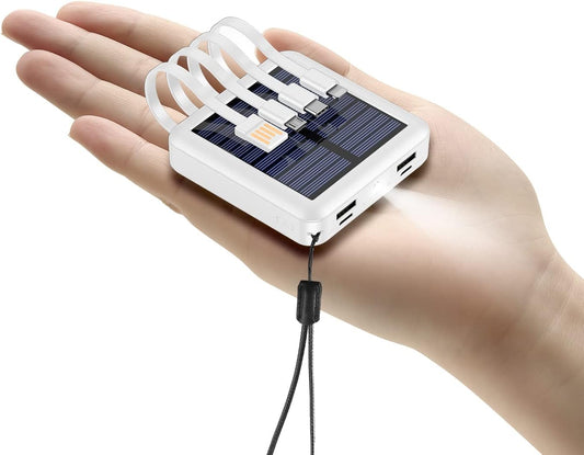 Kelaien 12000mAh Solar Power Bank - 4 Built-in Cables, Dual Flashlight