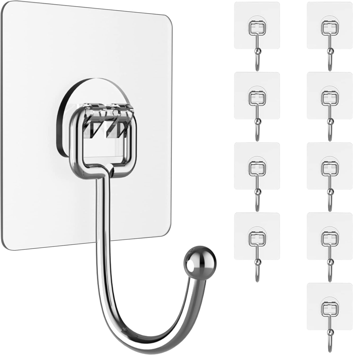 10 Pack Heavy-Duty Self-Adhesive Hooks - 44lb Capacity - Clear & Removable
