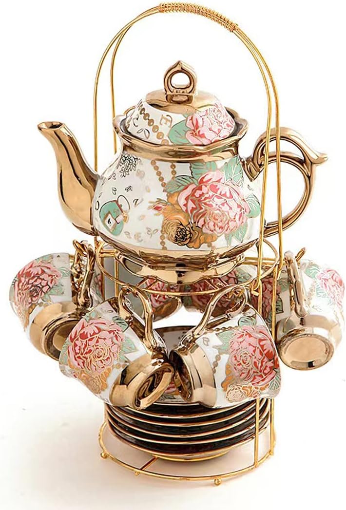 CHANJOON Vintage Gold Plated Red Rose Ceramic Tea Set for 6