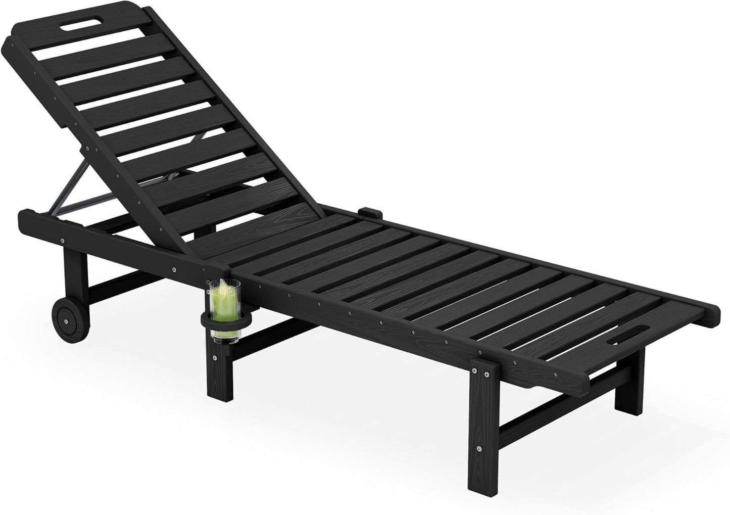 Adjustable Outdoor Chaise Lounge Chair with Cup Holder and Wheels