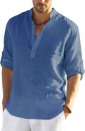 Men's Cotton Linen Henley T-Shirt Long Sleeve - Breathable Casual