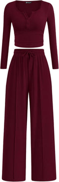 Women's Ribbed 2 Piece Lounge Set - Henley Long Sleeve & Wide Leg
