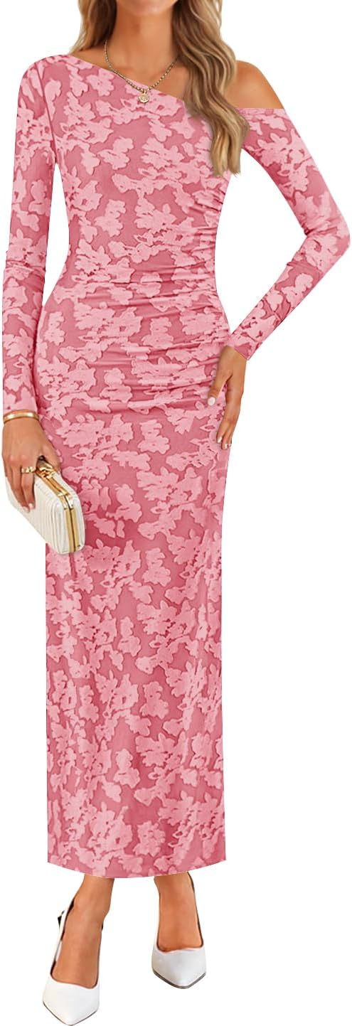 ZESICA Women's Fall Floral Off Shoulder Bodycon Maxi Dress