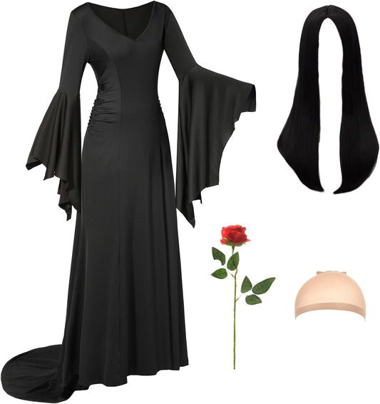 Adult Black Gothic Dress for Halloween Costume with Accessories