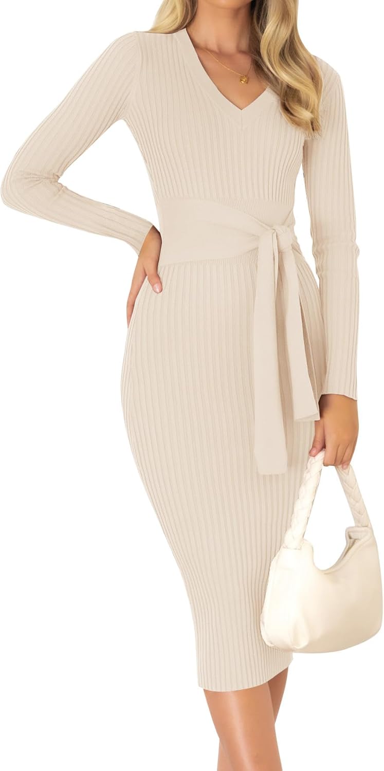 ZESICA Women's Fall Sweater Dress V Neck Long Sleeve Midi