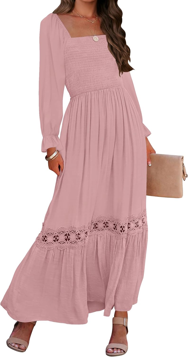 ZESICA Women's Boho Long Sleeve Square Neck Maxi Dress Review