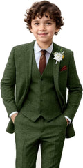 Boys Tweed Herringbone 3-Piece Slim Fit Suit Set - Formal Vest Pants