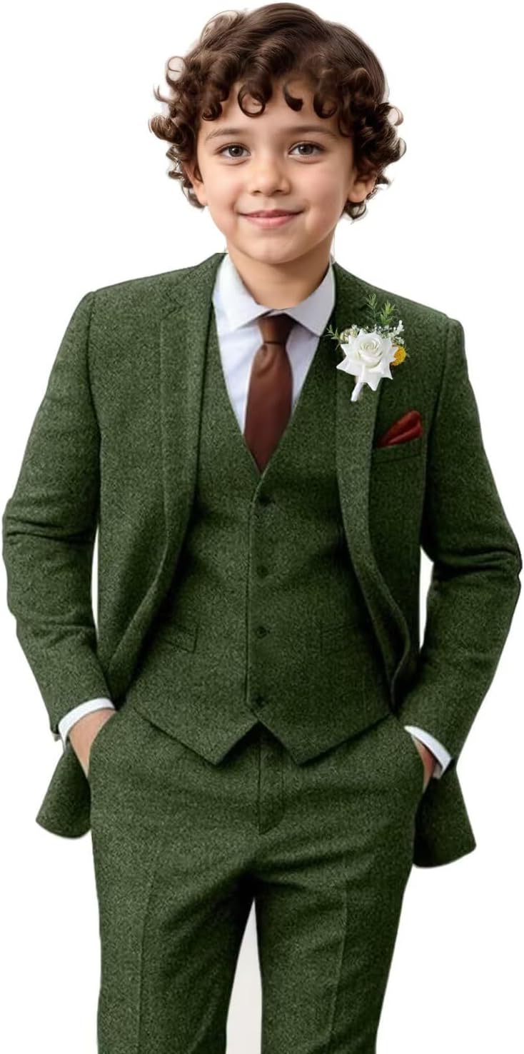 Boy Suit Tweed 3 Pieces Herringbone Slim Fit Formal Set