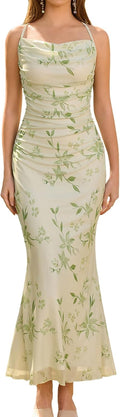 Women's Summer Floral Spaghetti Strap Maxi Dress - Flattering Mesh