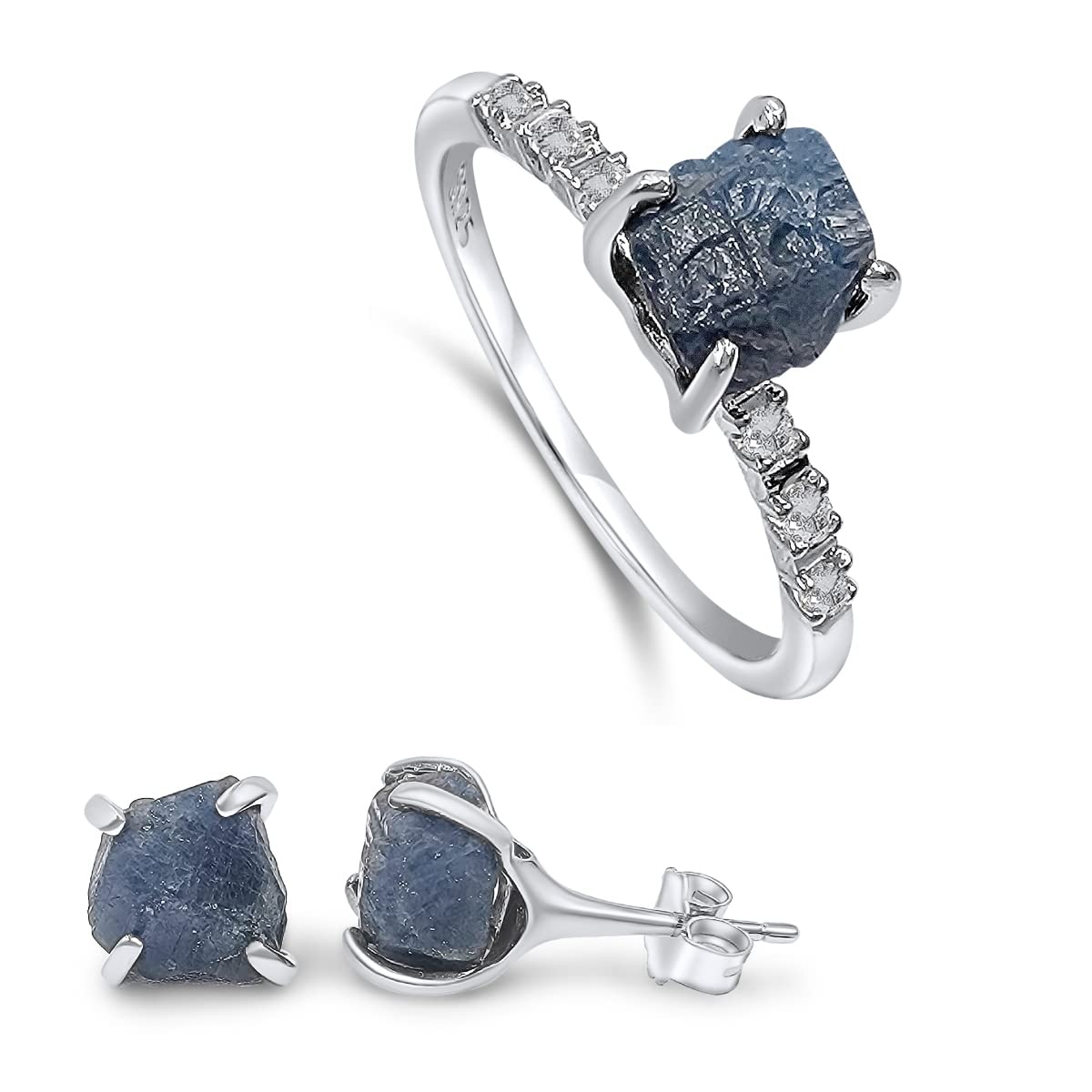 Raw Blue Sapphire Stone Earrings and Dainty Ring Jewelry Set