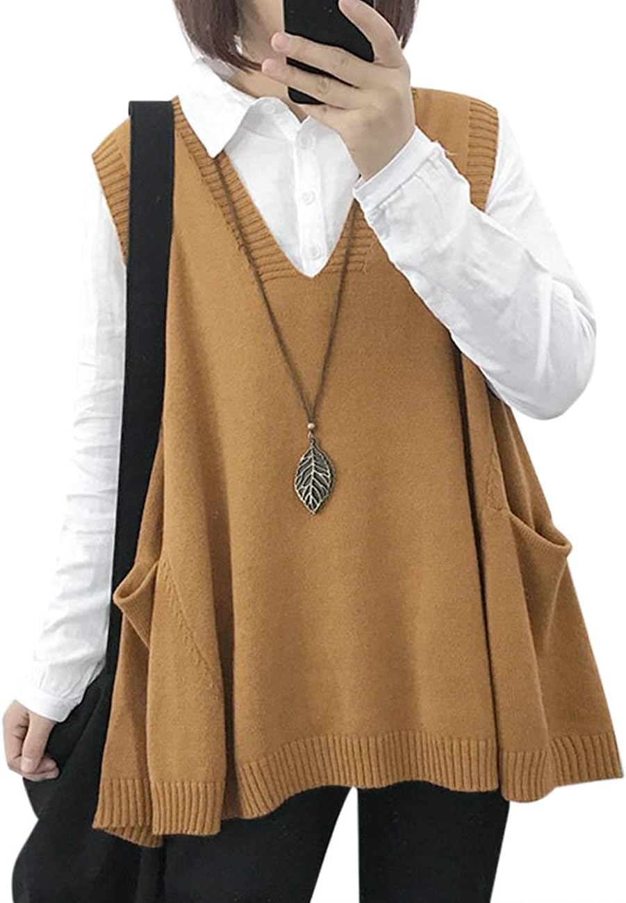YESNO Oversized Cotton Sweater Vest for Women with Pockets