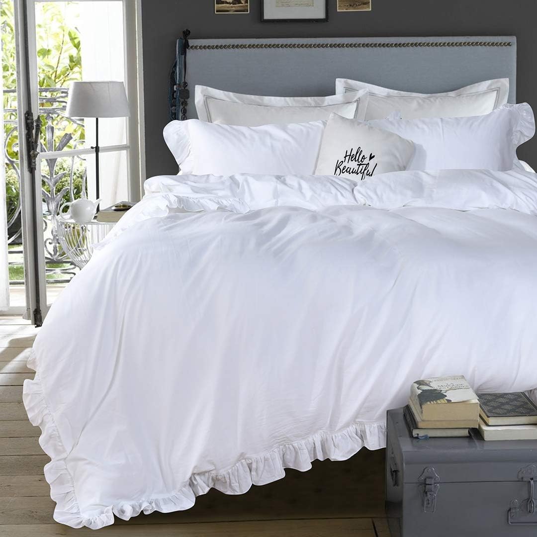 QSH White Ruffle Duvet Cover Queen Soft Vintage Farmhouse Chic
