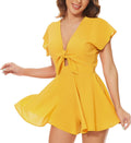 AGQT Women's V-Neck Self-Tie Front Romper - Flowy Boho Mini