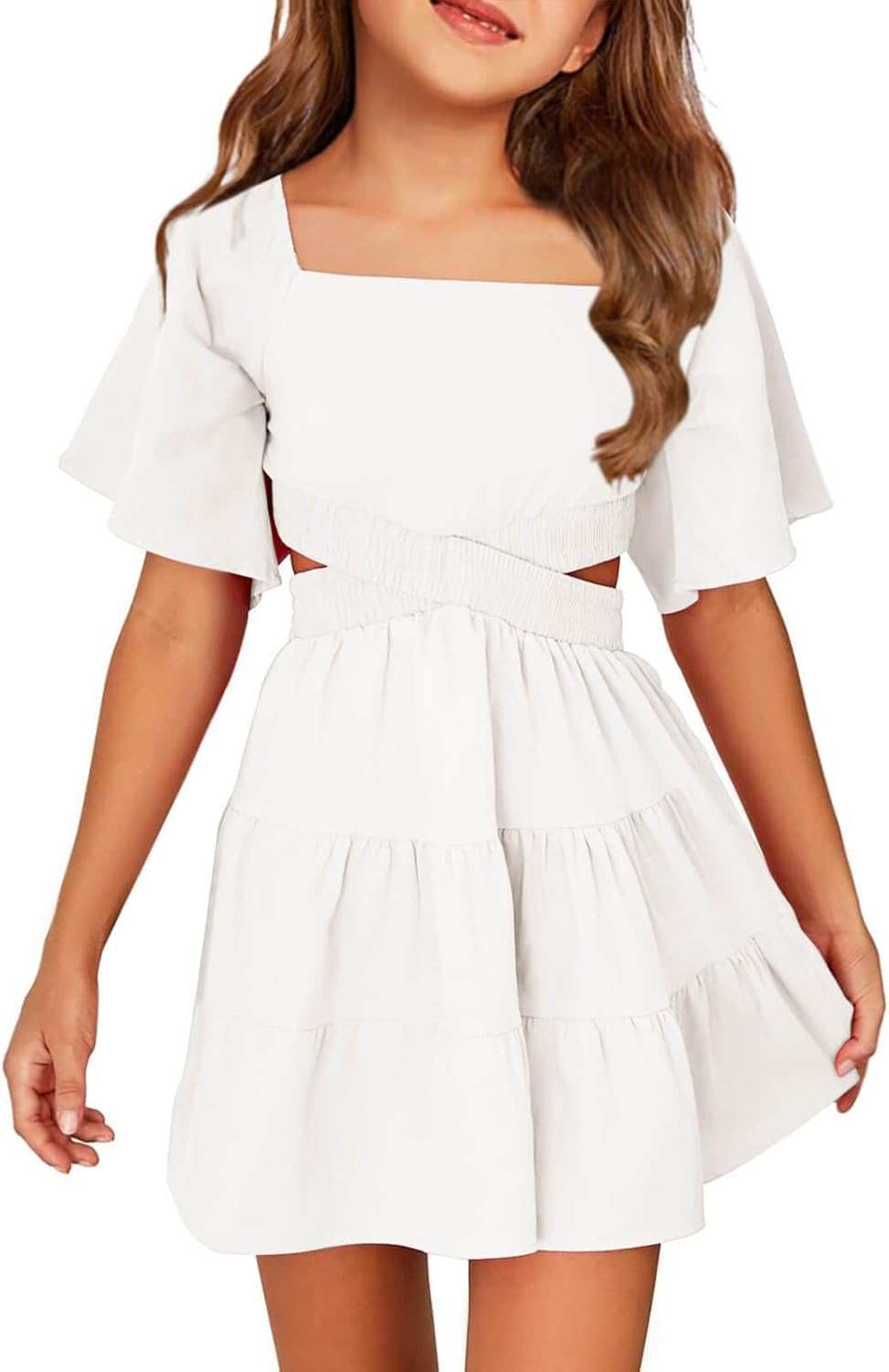 Batermoon Girls Summer Dress Square Neck Short Sleeve A-line