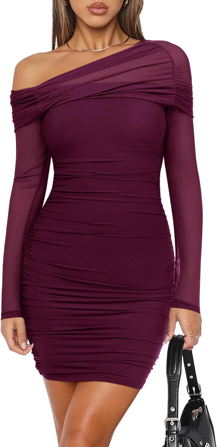 REORIA Women's Sexy Off Shoulder Ruched Bodycon Mini Dress