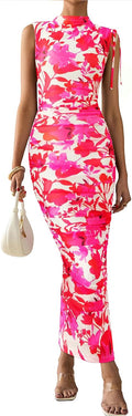 Women's Summer Maxi Floral Ruched Bodycon Dress - Flattering Fit dye