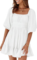 Womens Square Neck Tie Back Ruffle A-Line Mini Dress - Summer