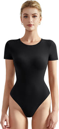 Crew Neck Short Sleeve Thong Bodysuit Shirts Basic Top - Smooth