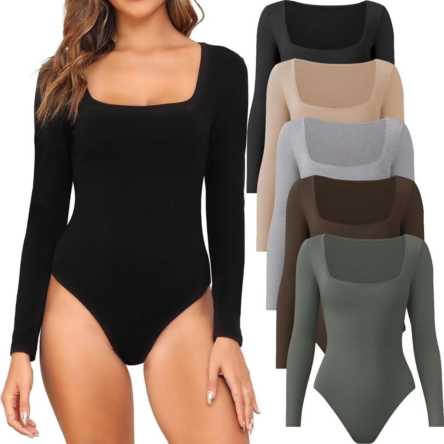 Long Sleeve Bodysuits for Women - Chic Square Neck Design