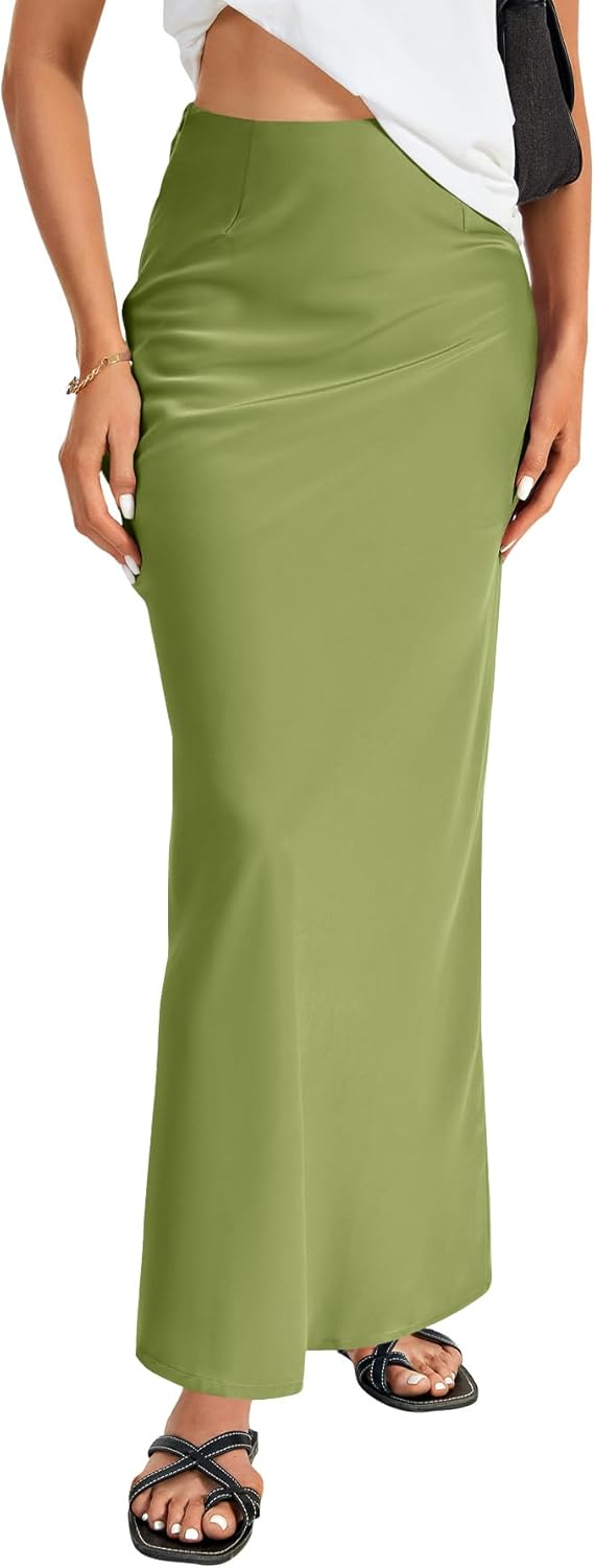 Elegant Satin Silky High Waist A Line Maxi Long Skirt for Women