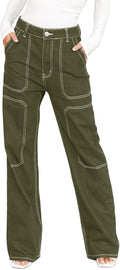 Women's Casual Mid Waist Cargo Jeans Stretch Wide Leg Denim Pants