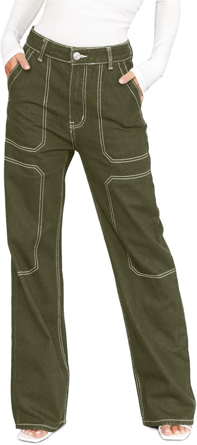 Dokotoo Women's Casual Mid Waist Cargo Jeans for Stylish Comfort