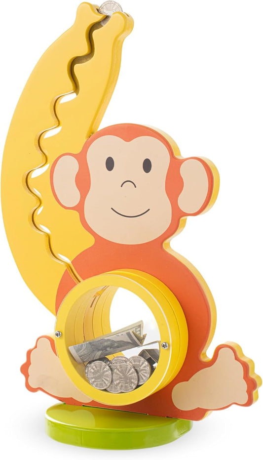 Wooden Monkey & Banana Piggy Bank for Kids - Fun Coin Savings