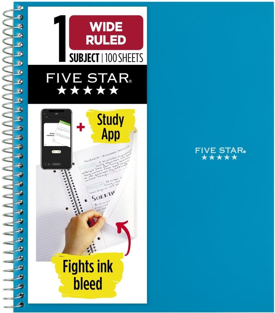 Five Star Spiral Notebook: Wide Ruled, 100 Sheets, Study App Included!