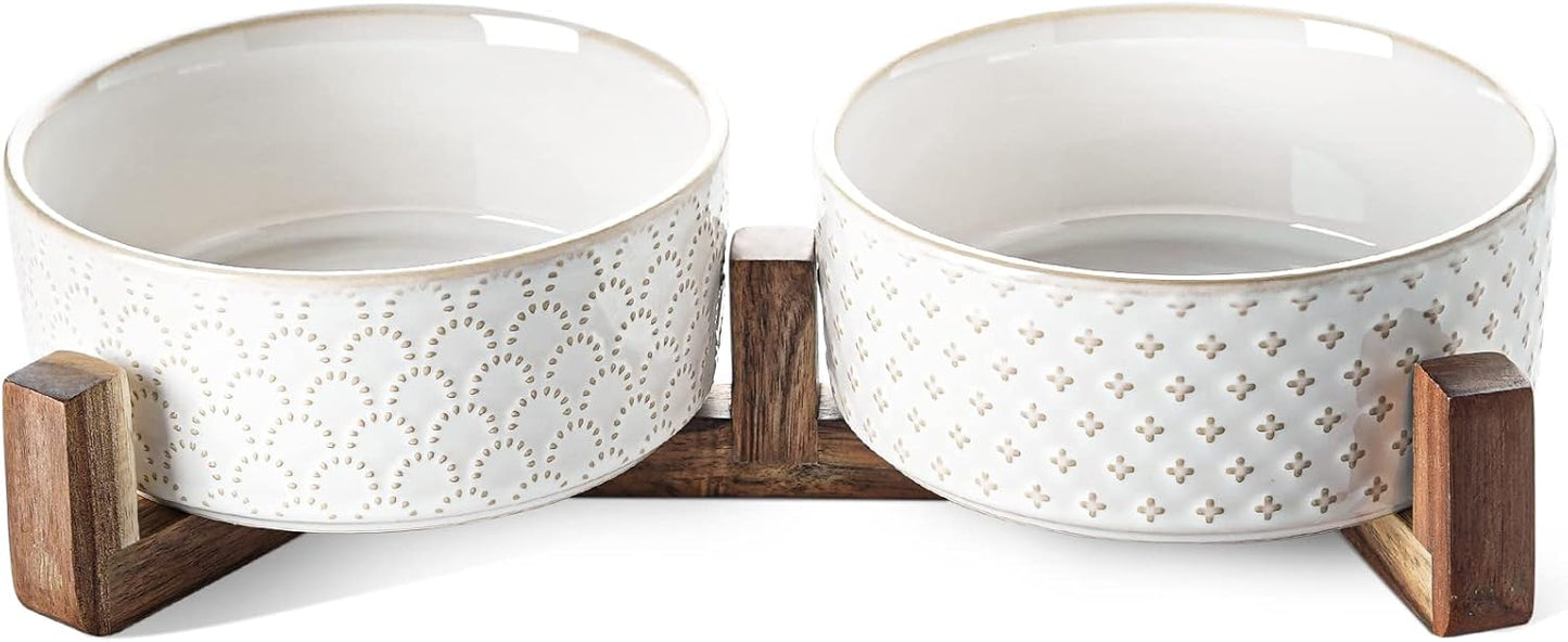 Dog Bowls Ceramic for Small Medium Dogs with Acacia Wood Stand