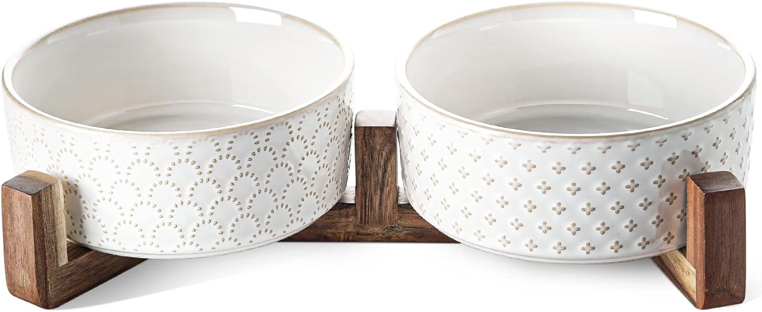 Dog Bowls Ceramic for Small Medium Dogs with Acacia Wood Stand