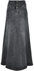 Women's Black High-Waist Button-Fly Maxi Denim Skirt - Retro A-Line