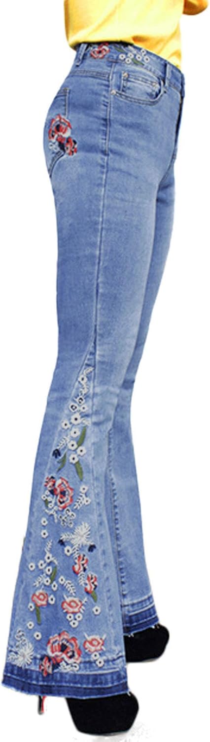 Chic Floral Embroidered High-Rise Bell Bottom Jeans for Women
