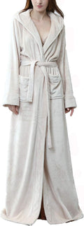Flygo Womens Fuzzy Plush Full Length Hooded Robe - Long Flannel Fleece
