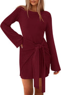 Dowerme Women's Casual Mini Dress with Bell Sleeves and Tie Waist