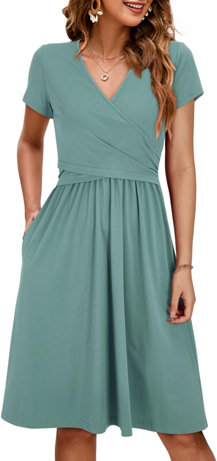 OUGES Women's V Neck Midi Dress with Pockets for Maternity