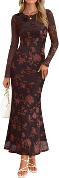 Women's Floral Mesh Maxi Bodycon Dress - Elegant Fall Cocktail Look