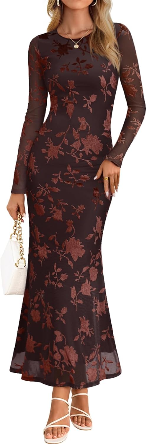MEROKEETY Women's Floral Mesh Maxi Bodycon Dress for Fall 2025