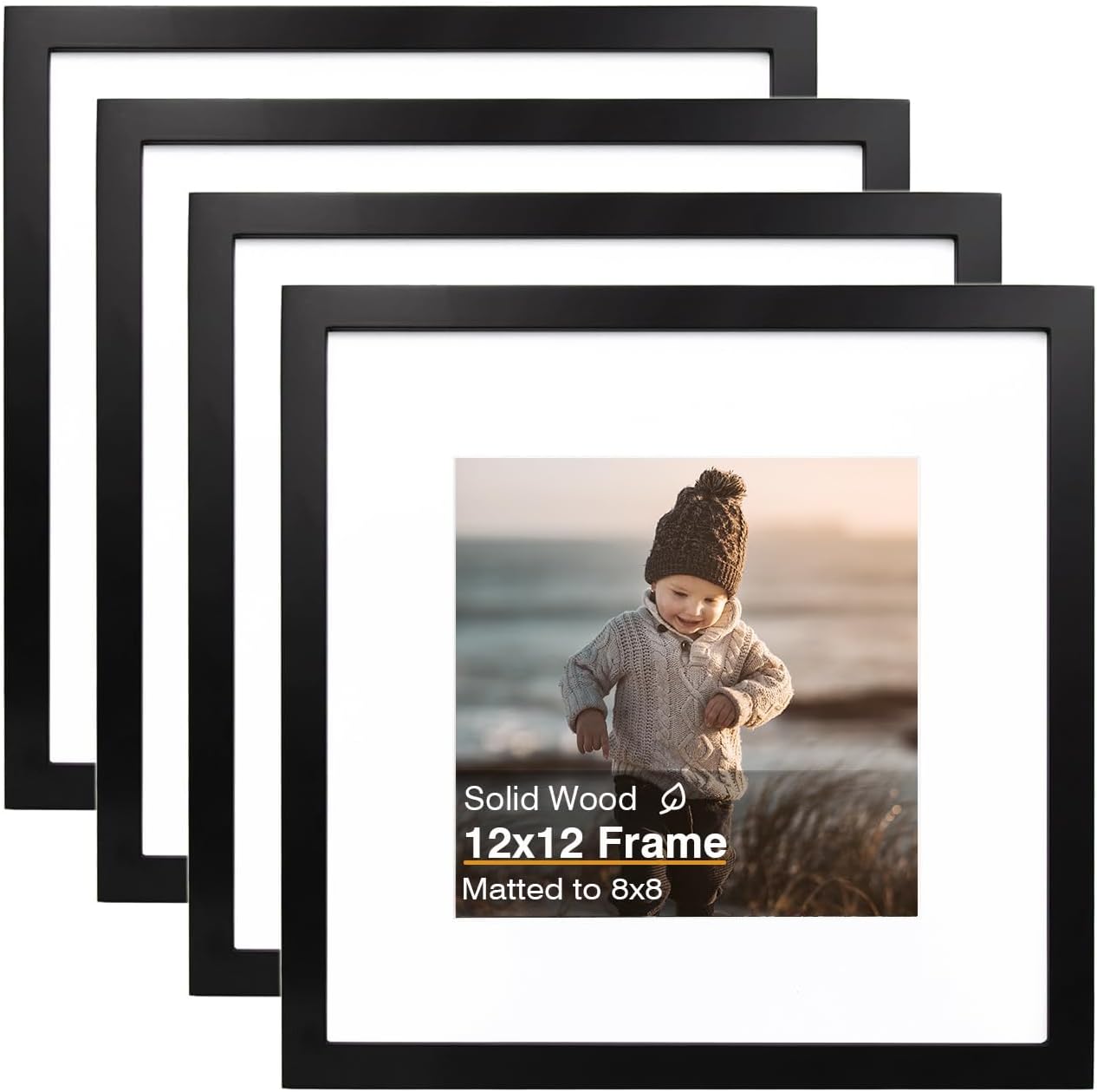 12x12 Picture Frame Set of 4, Solid Wood Black Frames