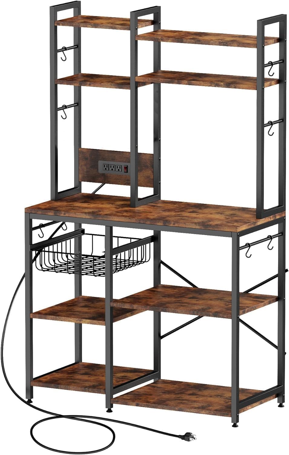6-Tier Kitchen Bakers Rack with Power Outlet - Rustic Brown